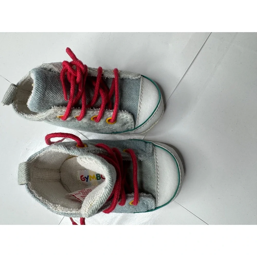 Gymboree Baby Boy High Top Denim Sneakers Blue Red Laces Soft Sole Size 01